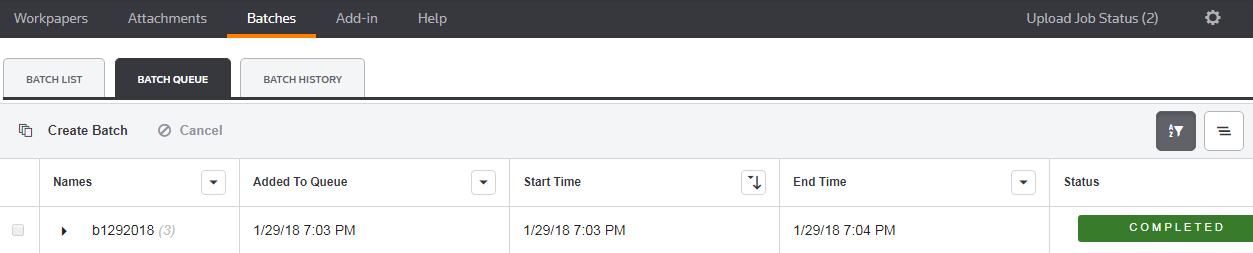 Screen capture showing the status of the batch.
